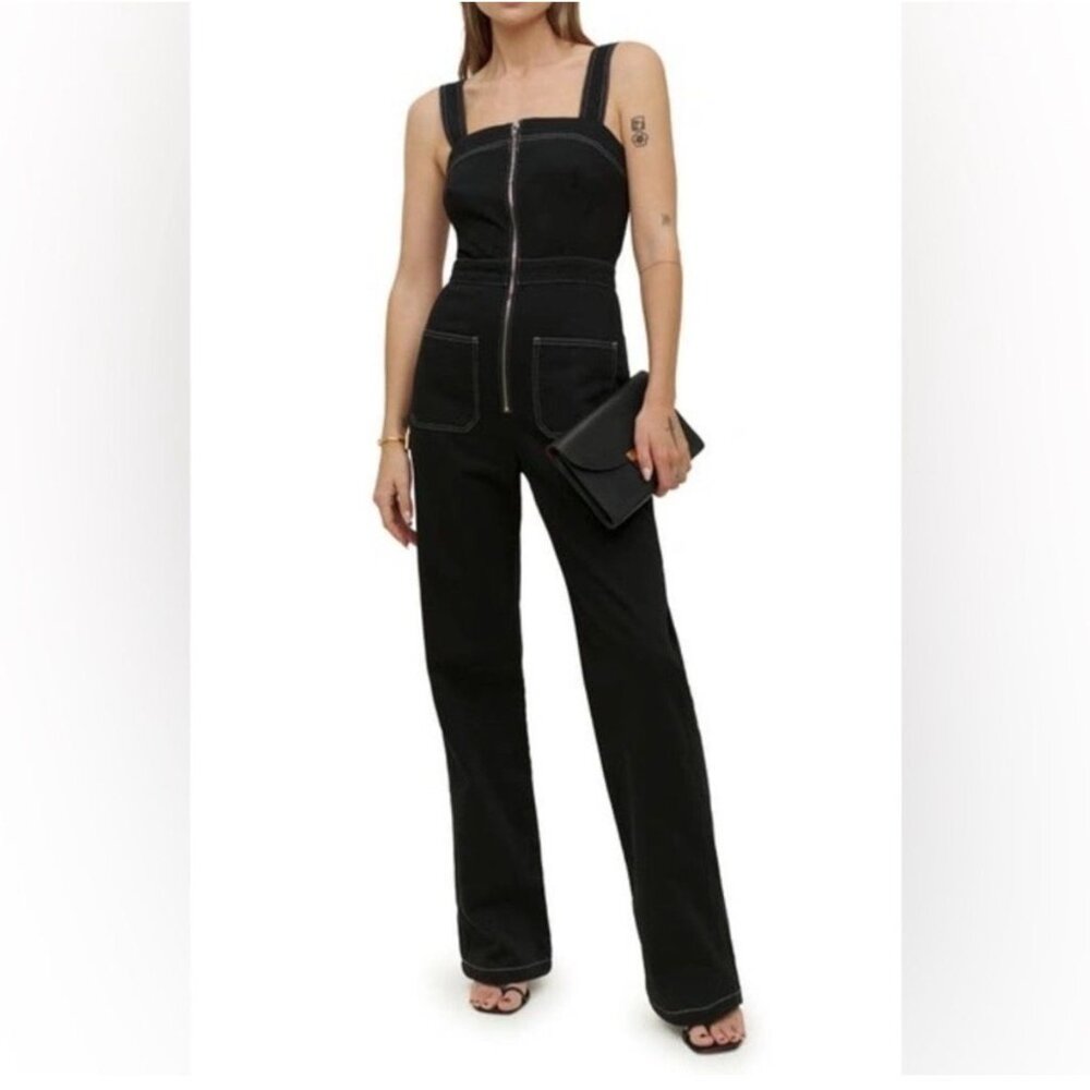NEW Reformation Ren‎ Twill Jumpsuit Black Size 0 Front Zipper Pockets Capsule
